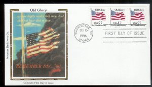 UNITED STATES FDC 'G' Rate Flag PNC#A1111 Strip of 3 1994 Colorano
