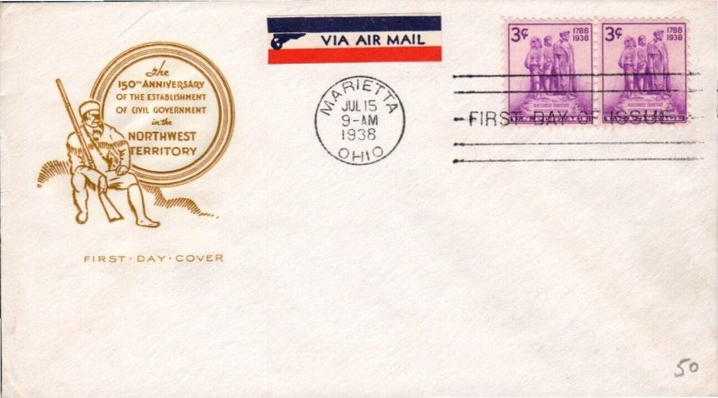NORTHWEST TERRITORY #837 JUL 15 1938 MARIETTA OH FIRST DAY COVER (FDC) BX7