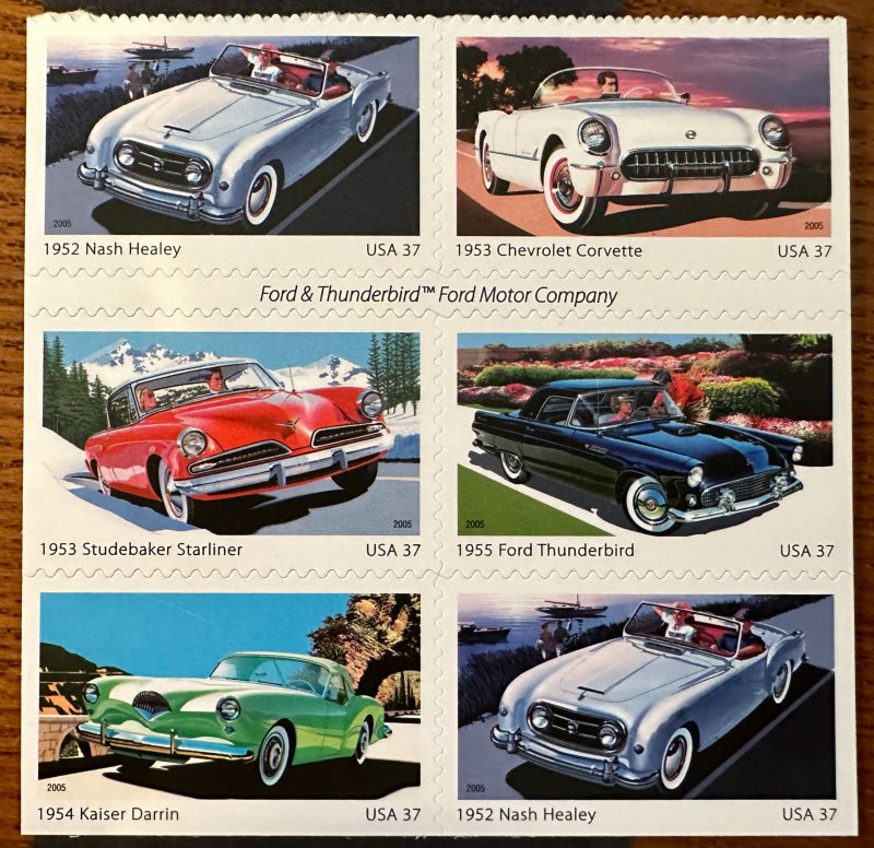 US # 3935b Sporty Cars of the 50's booklet pane of 12 37c 2005 Mint NH