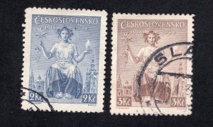 Czechoslovakia 1938 Set of 2 Independence Issue, Scott 253-254 used, value = 65c