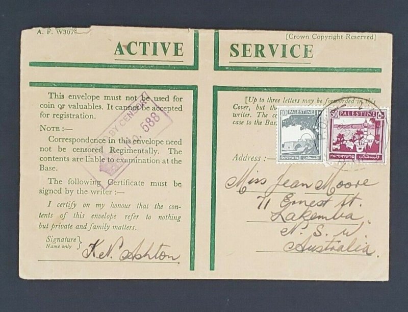 1940 Palestine Australian Army Base Certified South Wales Censored Airmail Cover