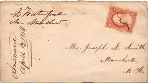 United States Maine North Waterford 1858 ms   3c Washington 1851 Issue.