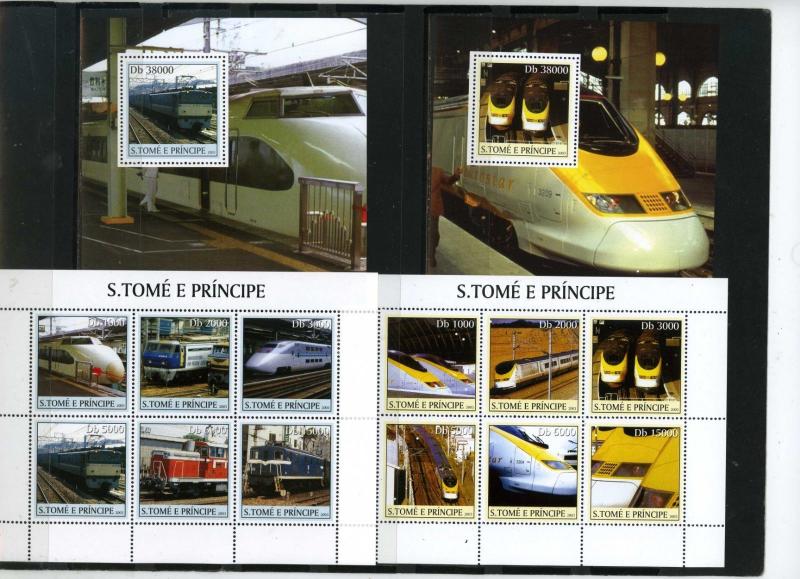 ST.THOMAS & PRINCE ISLANDS 2003 LOCOMOTIVES 2 SHEETS OF 6 STAMPS & 2 S/S MNH 