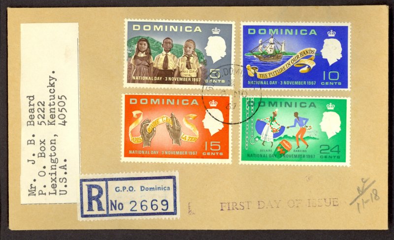 DOMINICA 1967 NATIONAL DAY Set Reg FDC Cover Sc 202-205 to USA