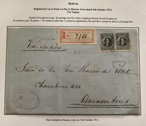 1911 La Paz Bolivia Registered Cover To  Buenos Aires Argentina Via Tupiza