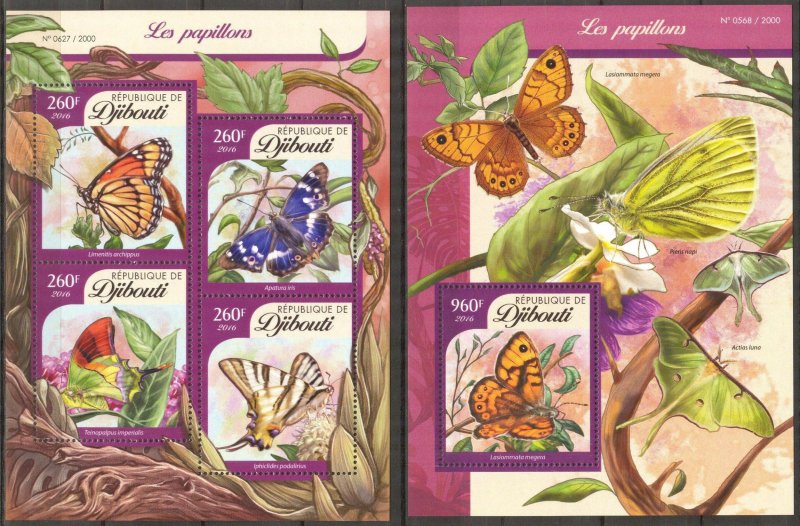 Djibouti 2016 Butterflies I Sheet + S/S MNH