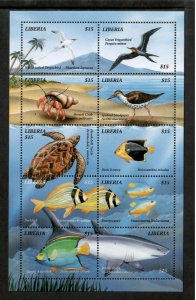 Liberia 2000 - Marine Sea Life, Fish Birds - Sheet of 10 Stamps - MNH