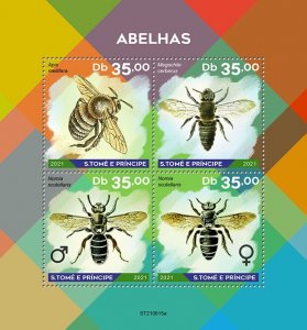 SAO TOME - 2021 - Bees - Perf 4v Sheet - Mint Never Hinged