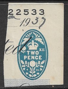 GREAT BRITAIN 1936 2d Cheque Duty Embossed Revenue Booth 635 (4.36) XE VFU