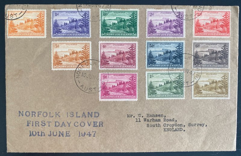 1947 Norfolk Island Australia First Day Cover To England First Stamp Set Sc#1-12 