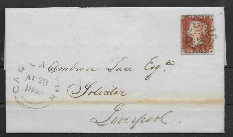 GB 1842 1d RED IMPERF PL23 ON LETTER CARNARVON TO LIVERPOOL