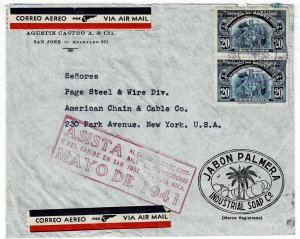 Costa Rica 1941 San Jose cancel on airmail, ad cover for soap to the U.S.