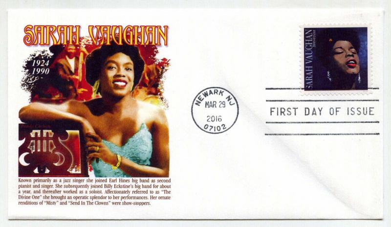 5059  Music Icons, 2016, Sarah Vaughan, Panda Cachets FDC