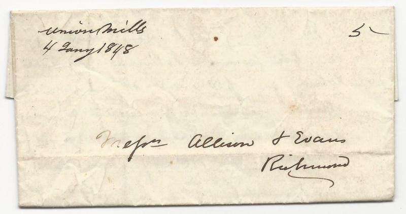 VA Stampless Cover Union Mills DPO 1 January 4, 1848 Amherst Co. 5c Rate