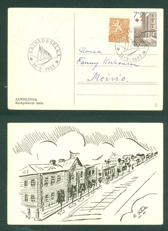 Finland. Postcard 1957. Semi  7+2 Mk. + Lion 3 Mk Hospital.Sc # 314+ B 104. Adr.