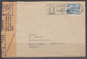 Switzerland - Jun 1953 Excise Inspection Cover to England