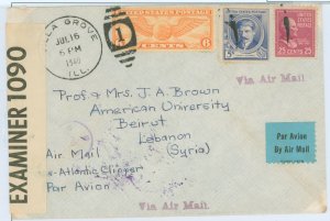 US  1940 US air mail to Lebanon, Prexie franking. WWII censored diverted air mail. 1940 Jul 16 VillaGrove IL air to Beirut, corr