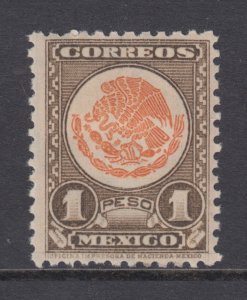 Mexico Sc 850 MLH. 1947 1p dark brown & orange Coat of Arms, F-VF