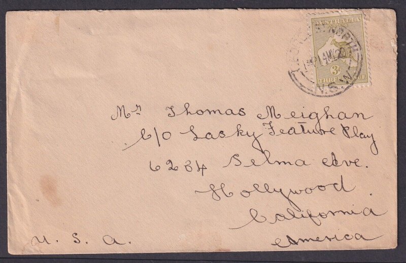 Australia 1920 3p Kangaroo Cover from George St North to THOMAS MEIGHAN (Actor)