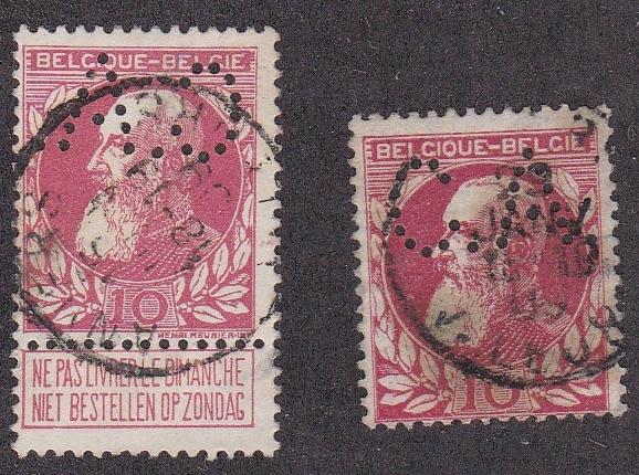 Belgium # 85, King Leopold, two perfin stamps, Used