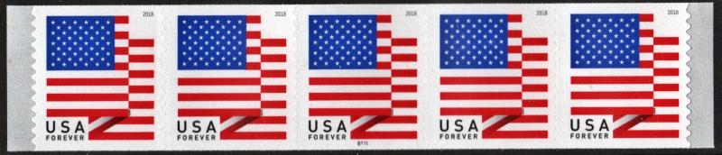 SC#5261 (55¢) U.S. Flag Plate Strip of Five: BCA #B111 (2018) SA