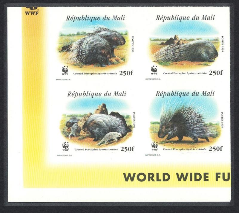 Mali WWF Crested Porcupine Bottom Left Imperf Block of 4 SC#918 a-d MI#1974-1977