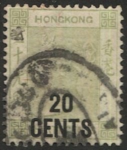 HONG KONG 1891 20c on 30c yellow green QV Sc 61, Used F-VF, San Francisco cancel