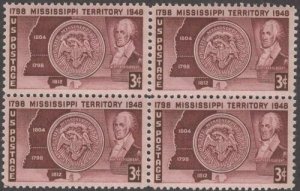 1948 Mississippi Territory Block Of 4 3c Postage Stamps, Sc#955, MNH, OG