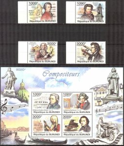 Burundi 2011 Music Famous Composers Mozart Beethoven Vivaldi set 4 + Sheet MNH