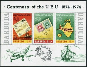 Barbuda 169a sheet,MNH.Michel Bl.10. UPU-100,Ship letter,Airplane,Map.