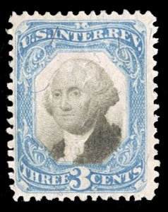 United States, Revenues #R105 Cat$30, 1871 3c blue and black, cut cancel