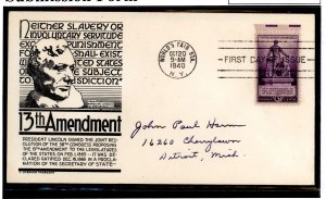 US 902 1940 3c 13th amendment/Lincoln commemorative on an addressed FDC with an Anderson cachet