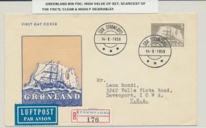 GREENLAND 1958, 5kr SHIP ON ILL. FIRST DAY COVER SC#38 SCARCE   (SEE BELOW)