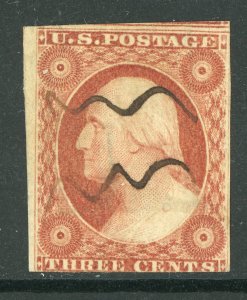 USA 1851 Washington 3¢ Intense Copper Red Type II w/recuts Scott #10A VFU R522