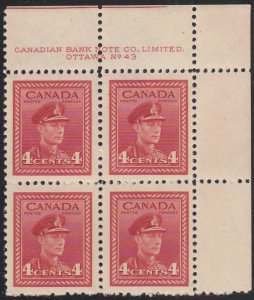 Canada 1943 MNH Sc #254 4c George VI War Plate 43 UR Block of 4