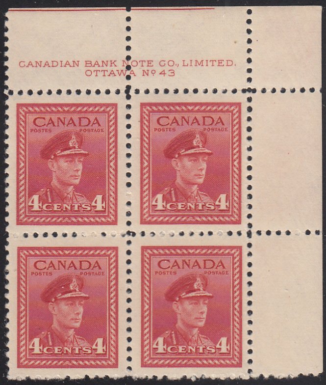 Canada 1943 MNH Sc #254 4c George VI War Plate 43 UR Block of 4