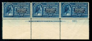 US #E5 PLATE IMPRINT STRIP OF 3 SPECIAL DELIVERY MINT OG LH $900 LOT #70136