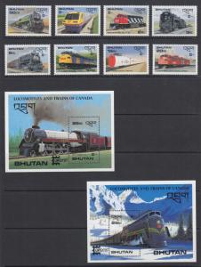 Bhutan Sc 597-606 MNH. 1987 Locomotives, cplt set of stamps & souv sheets, VF
