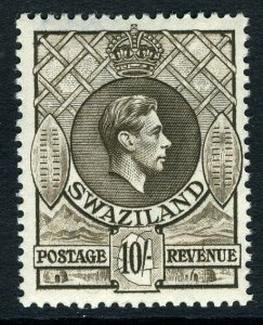 SWAZILAND-1938-54 10/- Sepia Perf 13½x13.  A lightly mounted mint example Sg 38