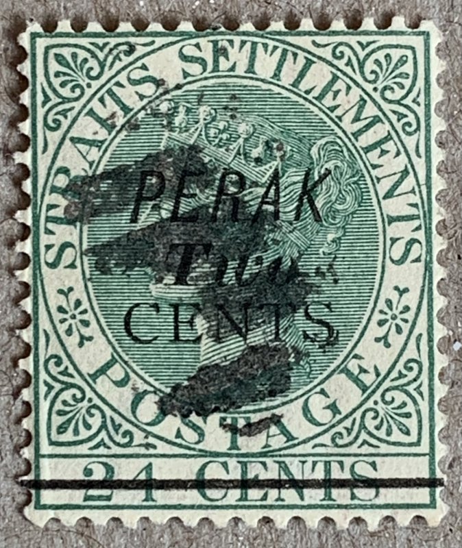 Perak 1891 2c on 24c, used. Scott 30, CV $16.50. SG 48