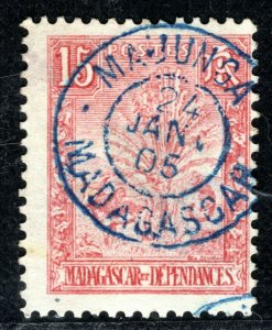 France Colonies MADAGASCAR Stamp 15c Used *MAJUNGA* Blue Postmark 1905 BLBLACK72