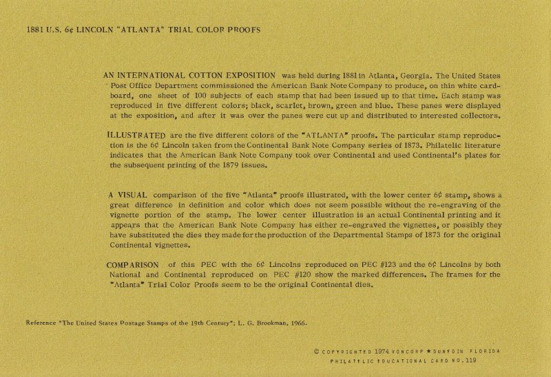 Von corp EDUCARD No.119 Proof Card 1881 Lincoln AtlantaTrial Color with Cover