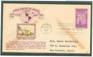 US 895 3c Pan-American Union 50th Anniversary (single) on an addressed FDC with a Crosby picture cancel - foxing.