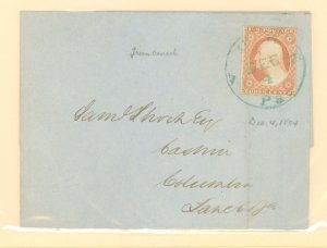 US 11A 1854 cover with 3c George Washington, Type II single, Green York, PA, Dec 4 Circular Date Postmark