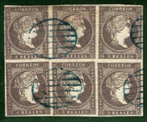 SPAIN Stamps Scott.39b 2r High Value (1855) Rare BLOCK OF SIX Used G/FU ORANGE1