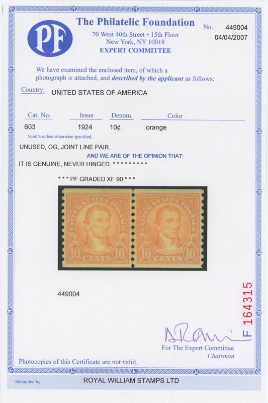 USA 603 - 10 cent Joint Line Pair - PF Graded XF 90 Mint OGnh