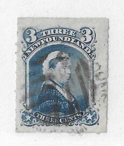 Newfoundland Sc #39 3c blue used with cork VF