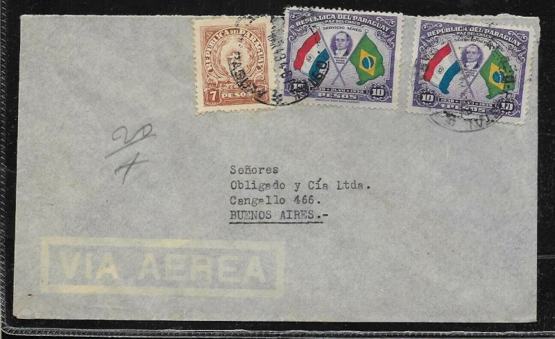 AAMER-55 PARAGUAY 1942 OLD COVER TO ARGENTINA 10Gs x2 FLAG+ 7GSX1 regular 