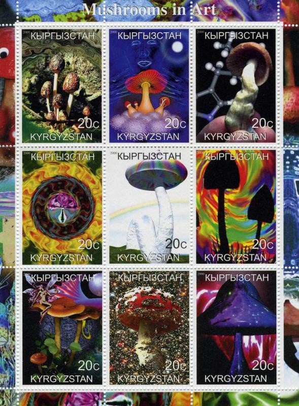 Kyrgyzstan 2000 Mushrooms in Art Sheet (9) Perforated mnh.vf