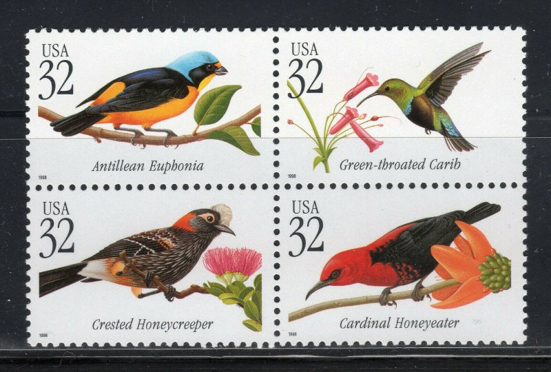 3222 - 3225 * TROPICAL BIRDS *   U.S. Postage Stamps BLOCK MNH